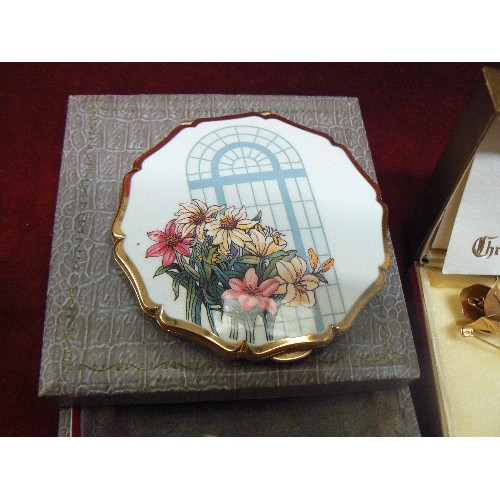 62 - CASE OF MIXED JEWELLERY AND ITEMS - STRATTON COMPACT, GOLD METAL LANCASTER BADGE, GOLD METAL CHRISTM... 