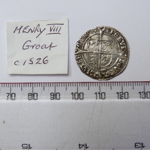 12 - RARE SILVER GROAT HENRY VIII DATE 1526 (F) 2ND COINAGE - BUST D TOWER MINT - MM BARBED ARROW, 2.6 GR... 