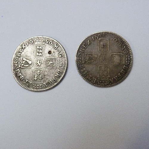 33 - 2 WILLIAM III SILVER ONE SHILLING COINS 1696 AND 16?6  BOTH (F)