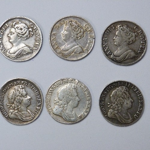 34 - SET OF SIX QUEEN ANNE AND KING GEORGE I SILVER ONE SHILLING COINS 
1709 (F)
2 X 1711 (VF & F)
1717 K... 