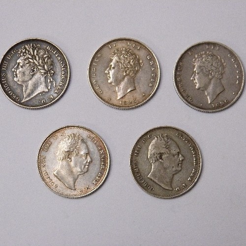 37 - COLLECTION OF 5 GEORGE IV & WILLIAM IV SILVER ONE SHILLING COINS 
1823  SECOND REVERSE  (VF TO EF)
1... 