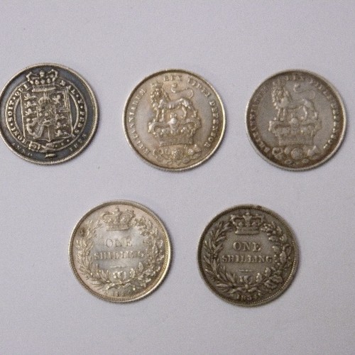 37 - COLLECTION OF 5 GEORGE IV & WILLIAM IV SILVER ONE SHILLING COINS 
1823  SECOND REVERSE  (VF TO EF)
1... 