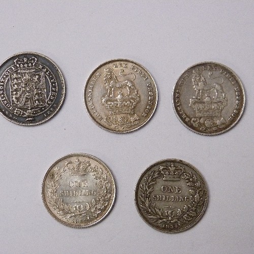 37 - COLLECTION OF 5 GEORGE IV & WILLIAM IV SILVER ONE SHILLING COINS 
1823  SECOND REVERSE  (VF TO EF)
1... 