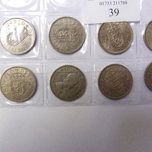 39 - COLLECTION OF ONE SHILLING COINS QUEEN ELIZABETH II
14 IN ALL  (V/F & E/F)