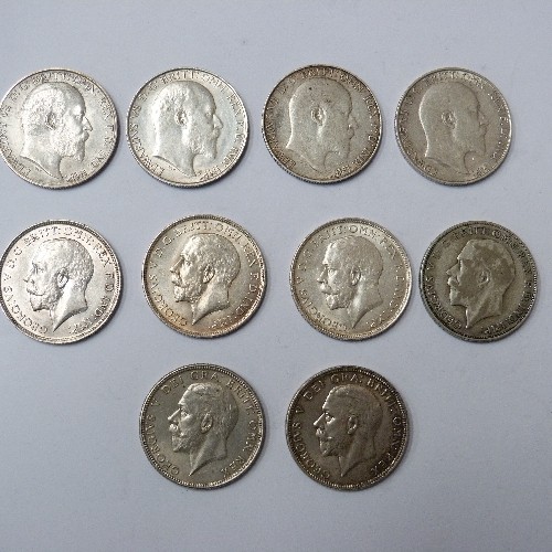 41 - COLLECTION OF 10 TWO SHILLINGS FLORIN SILVER AND PART SILVER 
EDWARD VII  & GEORGE V
1902  EDWARD VI... 