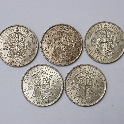 81 - SET OF 5  GEORGE VI HALFCROWNS, 1938 (VF), 1938 (EF), 1944 (EF), 1945 (EF), 1945 (EF)