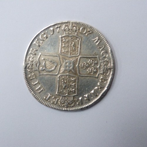 102 - SILVER QUEEN ANNE CROWN 1707  (F) - NOTE - HAS BEEN ON A SWIVEL MOUNT AND FILLED.