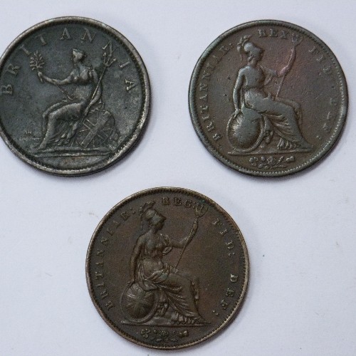 159 - 3 ONE PENCE COINS GEORGE III GEORGE IV AND QUEEN VICTORIA.
DATES 1807 (F) / 1826 (F)/ 1858 (VF)