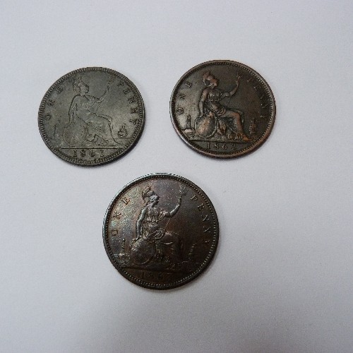 177 - THREE QUEEN VICTORIA BUN HEAD PENNIES, 1861 VF, 1862 VF, 1863 EF.