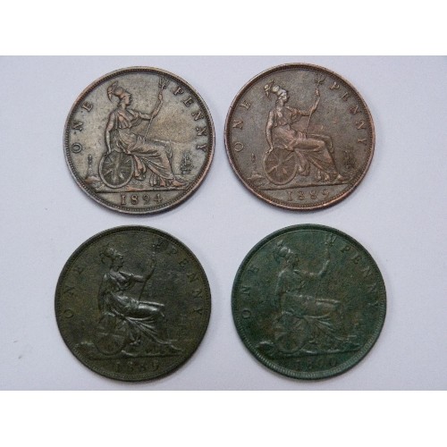 179 - FOUR QUEEN VICTORIA BUN HEAD PENNIES, 1894 VF, 1889 F TO VF, 1889 F (PITTED), 1890 F (PITTED)