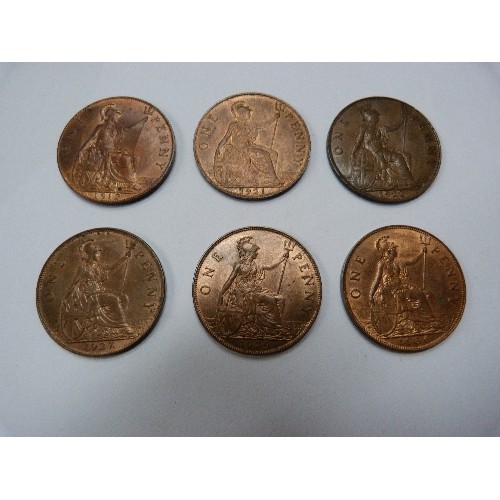 182 - SIX GEORGE V PENNIES, 1912 VF, 1921 VF, 1922 VF, 1927 VF, 1929 VF, 1936 EF,