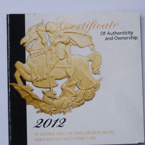 198 - A 2012 TDC GOLD PLATED £5.00 COIN WITH GEORGE AND THE DRAGON IN FITTED BOX WITH CERTIFICATE