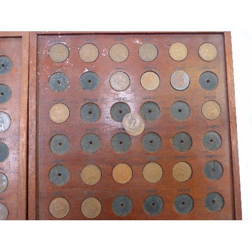 214 - TWO HANDMADE TRAYS CONTAINING  BRITISH PENNIES 1900 TO 1971 - SOME MISSING DATES