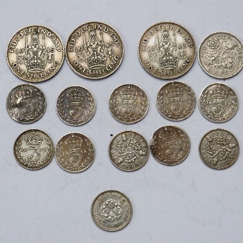 216 - SILVER AND SILVER CONTENT BRITISH COINS INCLUDING THREEPENNY BITS (1897, 1906, 1909, 1910, 1918, 191... 