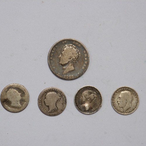 4 - 5 SILVER COINS :-  GEORGE IV SHILLING 1826. THREEPENCE 1836, 1855, 1878, 1914