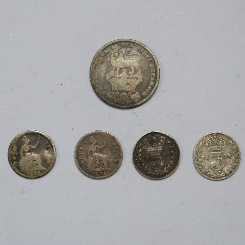 4 - 5 SILVER COINS :-  GEORGE IV SHILLING 1826. THREEPENCE 1836, 1855, 1878, 1914