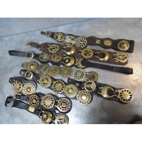 499 - 10 X MARTINGALE AND DISPLAY STRAPS WITH MOSTLY ANTIQUE AND SOME 20TH CENTURY HORSE BRASSES. SOME NIC... 