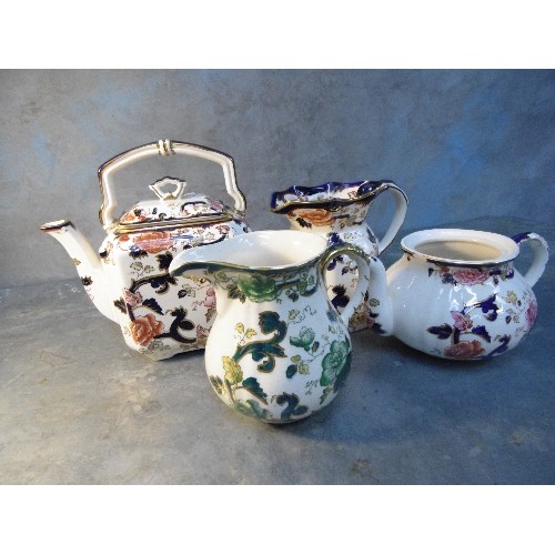 184 - MASONS IRONSTONE INCLUDING CHARTREUSE MILK JUG, SQUARE SHAPED MANDALAY TEAPOT (CRACK TO RIM), TEAPOT... 