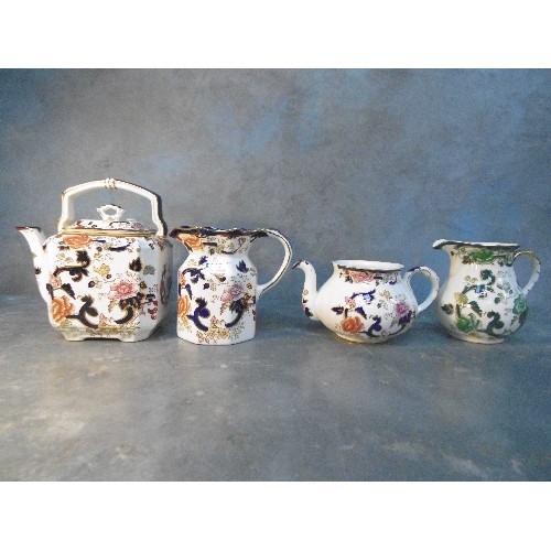 184 - MASONS IRONSTONE INCLUDING CHARTREUSE MILK JUG, SQUARE SHAPED MANDALAY TEAPOT (CRACK TO RIM), TEAPOT... 