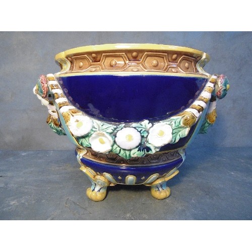 183 - A BEAUTIFUL VICTORIAN MAJOLICA JARDINIERE BY HOLDCROFT WITH IMPRESSED MARK TO BASE - COBALT BLUE AND... 