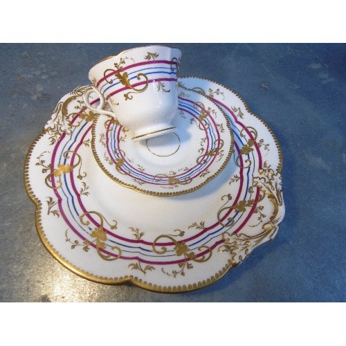 187 - A MID 19TH CENTURY RIDGWAY BONE CHINA CUP & SAUCER  WITH MATCHING CAKE PLATE - BURGUNDY & BLUE STRIP... 