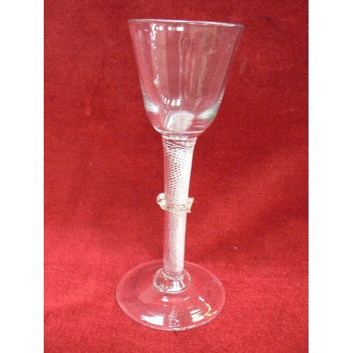 7 - 18TH CENTURY WINE GLASS WITH MULTI COTTON THREAD SPIRAL AIRTWIST STEM WITH SINGLE RUFFLE KNOP - 16CM... 