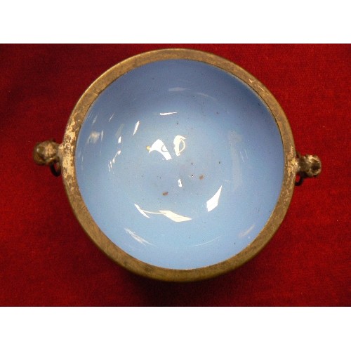 8 - A PRETTY 19TH CENTURY BLUE MILK GLASS SALT OR BON BON DISH, HANDPAINTED WITH FLOWERS, PLATED RIM WIT... 