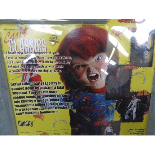 339 - CHUCKY DOLL FIGURE, FROM CHILD'S PLAY 3. FEATURES VOODOO KNIFE, HAMMER, BAT, AND GOOD GUYS BOX. BOXE... 