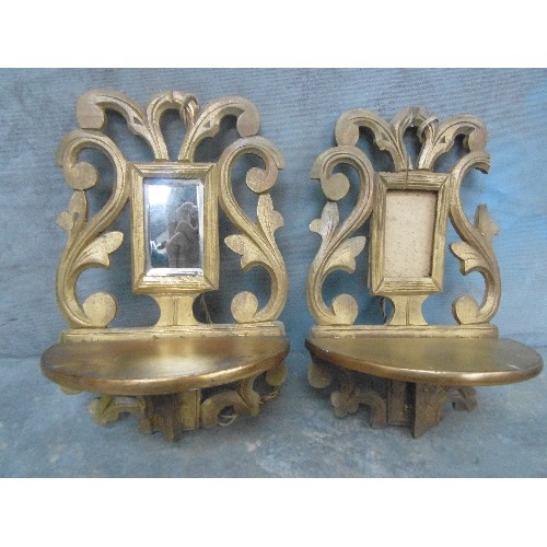 124 - PAIR OF VINTAGE GILT WOOD FLORENTINE STYLE FOLDING WALL BRACKETS WITH MIRRORS (MIRROR MISSING ON ONE... 