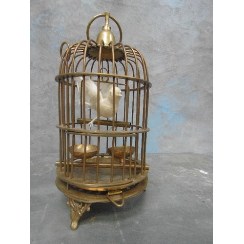 125 - VINTAGE DECORATIVE BRASS BIRD CAGE WITH WHITE CANARY - REAL TAIL FEATHERS - 33CM