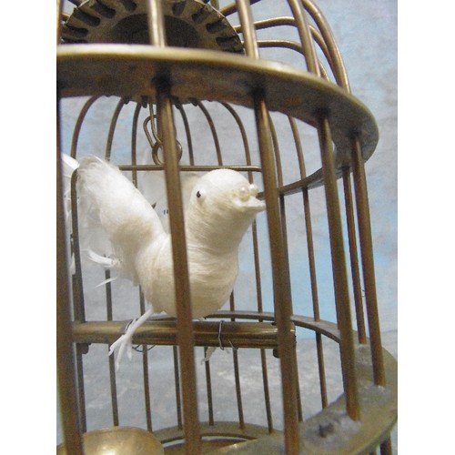 125 - VINTAGE DECORATIVE BRASS BIRD CAGE WITH WHITE CANARY - REAL TAIL FEATHERS - 33CM