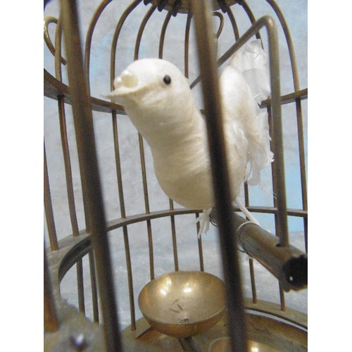 125 - VINTAGE DECORATIVE BRASS BIRD CAGE WITH WHITE CANARY - REAL TAIL FEATHERS - 33CM