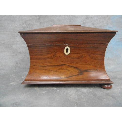 120 - AN EARLY 19TH CENTURY ROSEWOOD SARCOPHAGUS SHAPED 2 SECTION TEA CADDY - ON BUN FEET(ONE FOOT MISSING... 