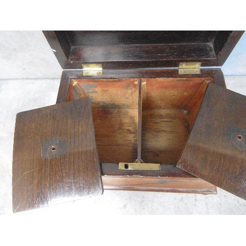 120 - AN EARLY 19TH CENTURY ROSEWOOD SARCOPHAGUS SHAPED 2 SECTION TEA CADDY - ON BUN FEET(ONE FOOT MISSING... 