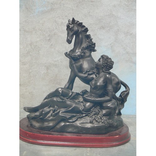 152 - A CLASSICAL STYLE FIGURE OF A HORSE AND RECLINING LADY, ON A WOODEN BASE -BY 