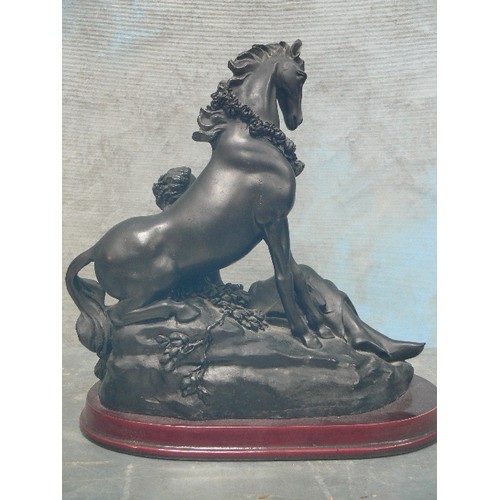 152 - A CLASSICAL STYLE FIGURE OF A HORSE AND RECLINING LADY, ON A WOODEN BASE -BY 