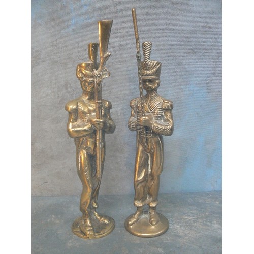 151 - TWO BRASS INFANTRY SOLDIER FIGURES, ONE IN SOLID BRASS, THE OTHER HOLLOW - BOTH APPROX 32CM H