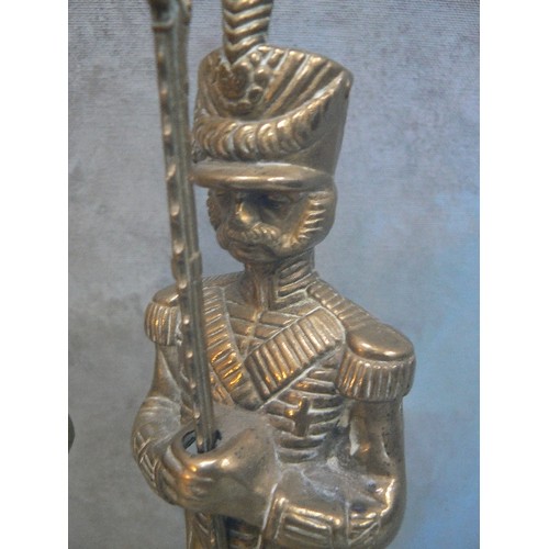 151 - TWO BRASS INFANTRY SOLDIER FIGURES, ONE IN SOLID BRASS, THE OTHER HOLLOW - BOTH APPROX 32CM H