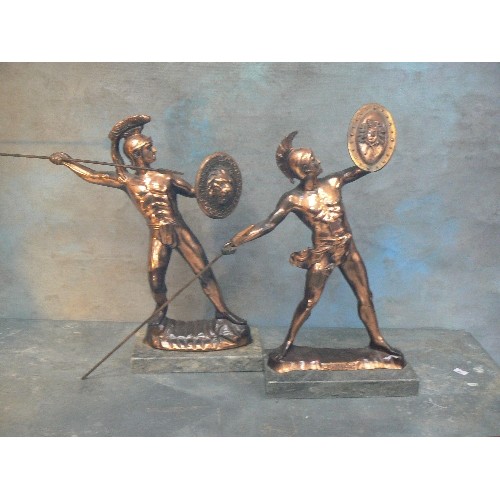 150 - A PAIR OF LARGE 20TH CENTURY SPELTER GREEK OR SPARTAN WARRIOR FIGURES, WITH COPPER FINISH. ONE MARKE... 