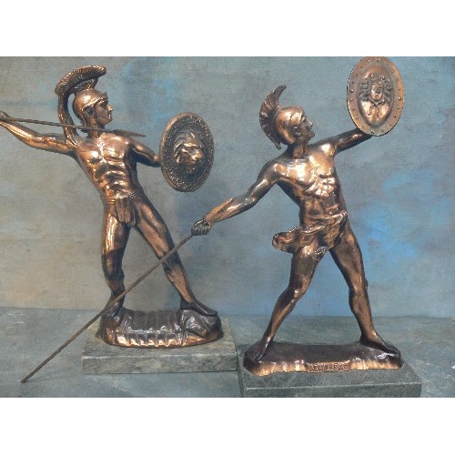 150 - A PAIR OF LARGE 20TH CENTURY SPELTER GREEK OR SPARTAN WARRIOR FIGURES, WITH COPPER FINISH. ONE MARKE... 