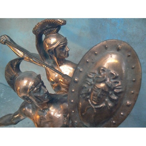 150 - A PAIR OF LARGE 20TH CENTURY SPELTER GREEK OR SPARTAN WARRIOR FIGURES, WITH COPPER FINISH. ONE MARKE... 