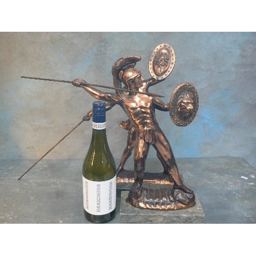 150 - A PAIR OF LARGE 20TH CENTURY SPELTER GREEK OR SPARTAN WARRIOR FIGURES, WITH COPPER FINISH. ONE MARKE... 