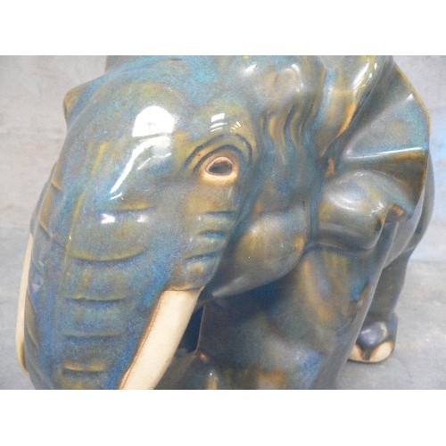 219 - LARGE 20TH CENTURY CHINESE CERAMIC FIGURE OF AN ELEPHANT IN MOTTLED BLUE/GREEN GLAZE - 40CM X 30CM