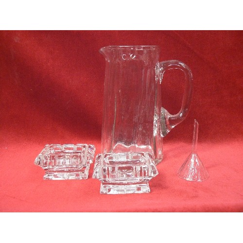 311 - ANTIQUE GLASSWARE INCLUDING AN EDWARDIAN WATER JUG, A PAIR OF OPEN SALTS AND A WRYTHEN GLASS SCENT B... 