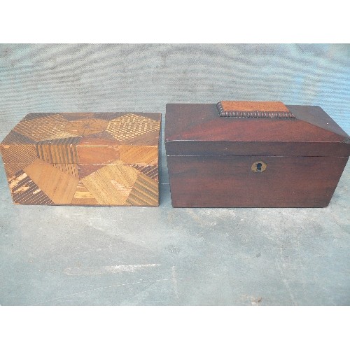 127 - 19TH CENTURY MAHOGANY TWO SECTION TEA CADDY AND AN EARLY 20TH CENTURY STRAW WORK BOX