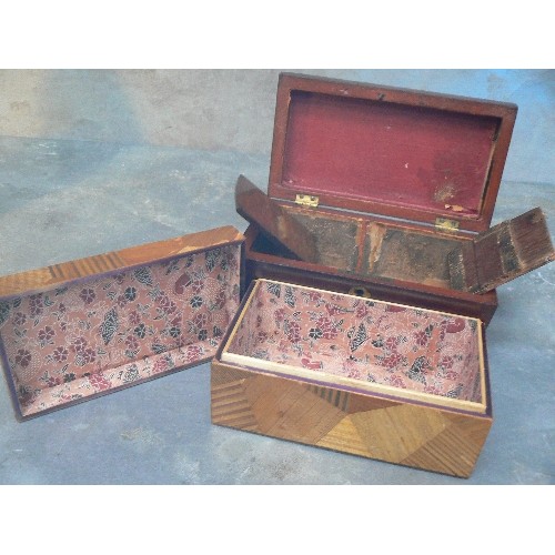 127 - 19TH CENTURY MAHOGANY TWO SECTION TEA CADDY AND AN EARLY 20TH CENTURY STRAW WORK BOX