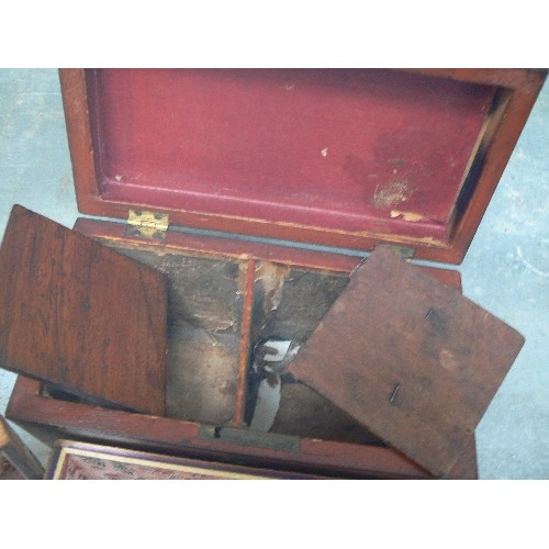 127 - 19TH CENTURY MAHOGANY TWO SECTION TEA CADDY AND AN EARLY 20TH CENTURY STRAW WORK BOX