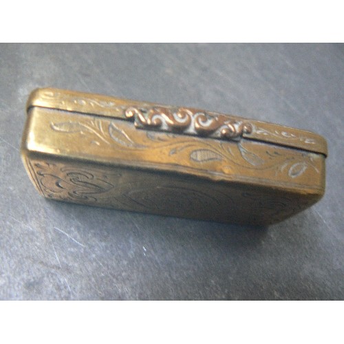 70 - A REGENCY OR EARLY VICTORIAN MATCH HOLDER AND CIGAR CUTTER, THE LID WITH COPPER EMBOSSED DANCING SCE... 