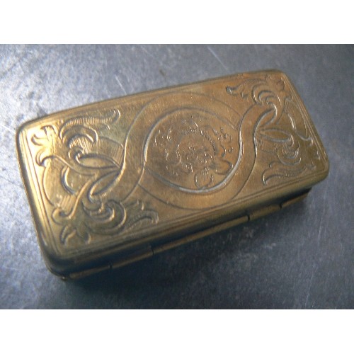 70 - A REGENCY OR EARLY VICTORIAN MATCH HOLDER AND CIGAR CUTTER, THE LID WITH COPPER EMBOSSED DANCING SCE... 