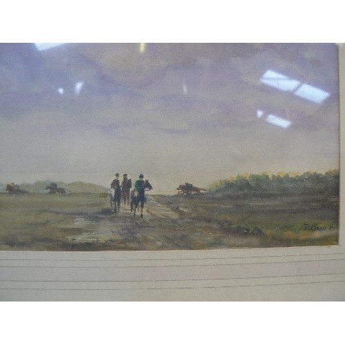 168 - A WATERCOLOUR OF JOCKEYS RETURNING HOME, WITH DISTANT RIDERS - SIGNED D RUSSO 1981 - IMAGE SIZE 19CM... 